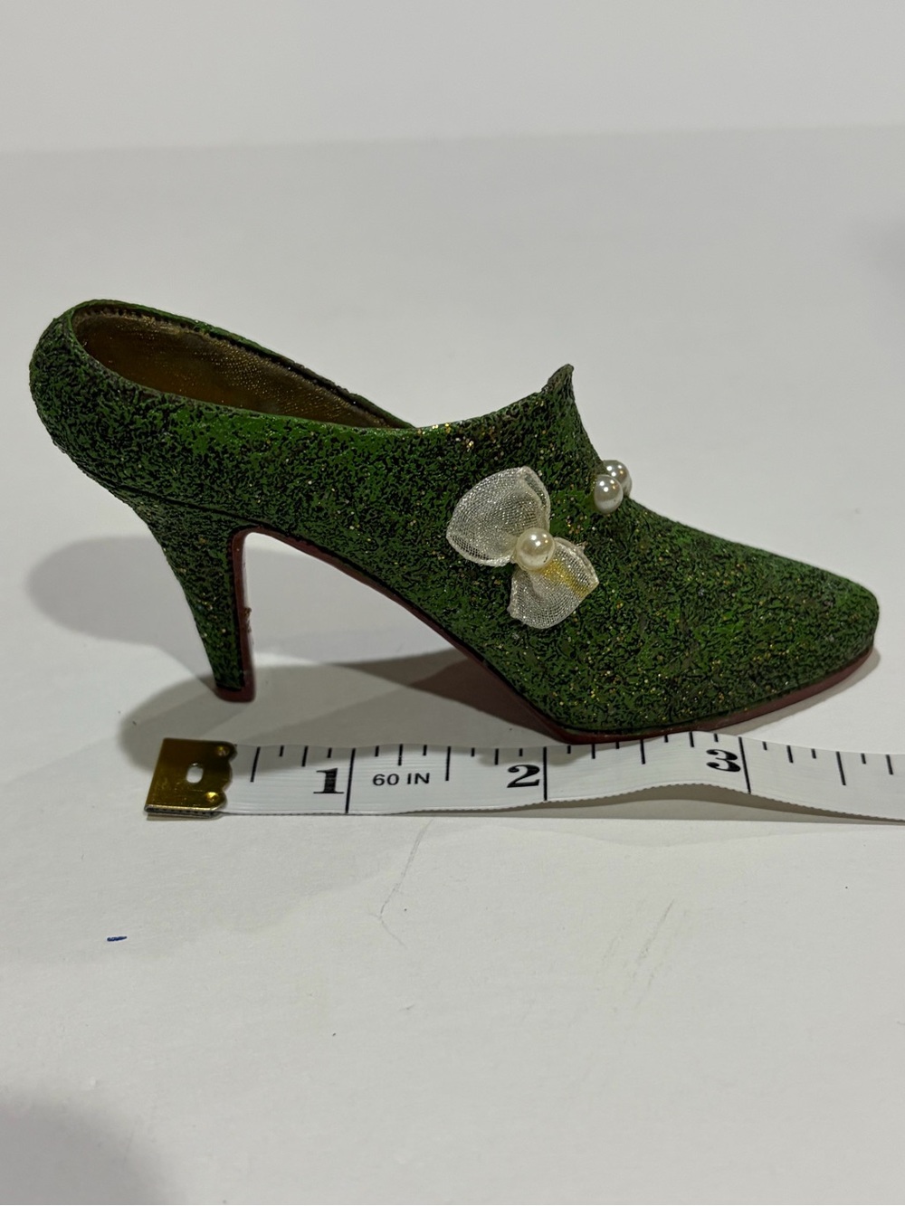 Miniature High Heel Shoe Figurine Green Glitter Pearl Bow 4” Collectible Decor